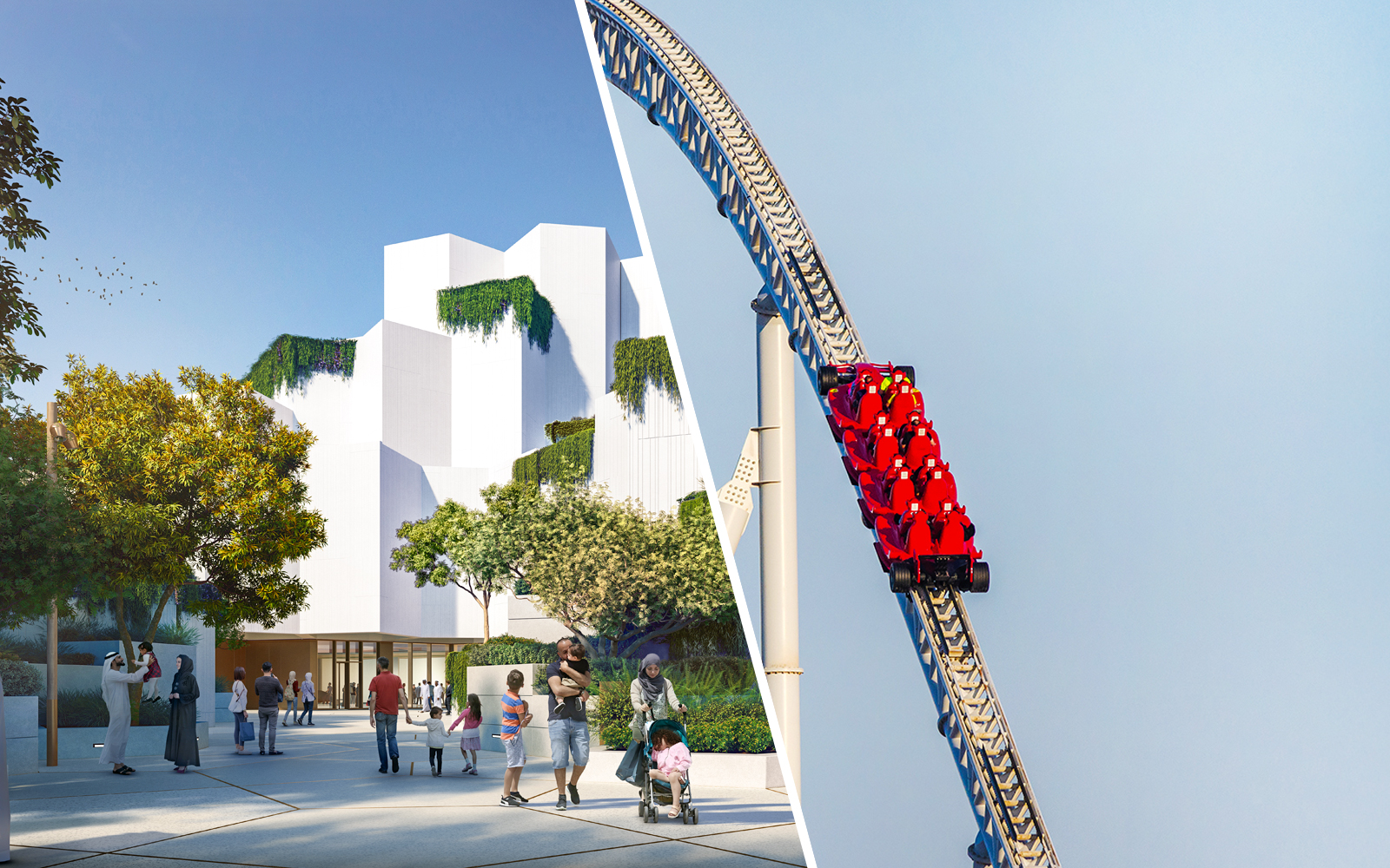 National History Museum Abu Dhabi exterior with visitors and roller coaster.