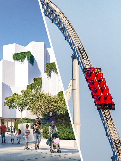 National History Museum Abu Dhabi exterior with visitors and roller coaster.