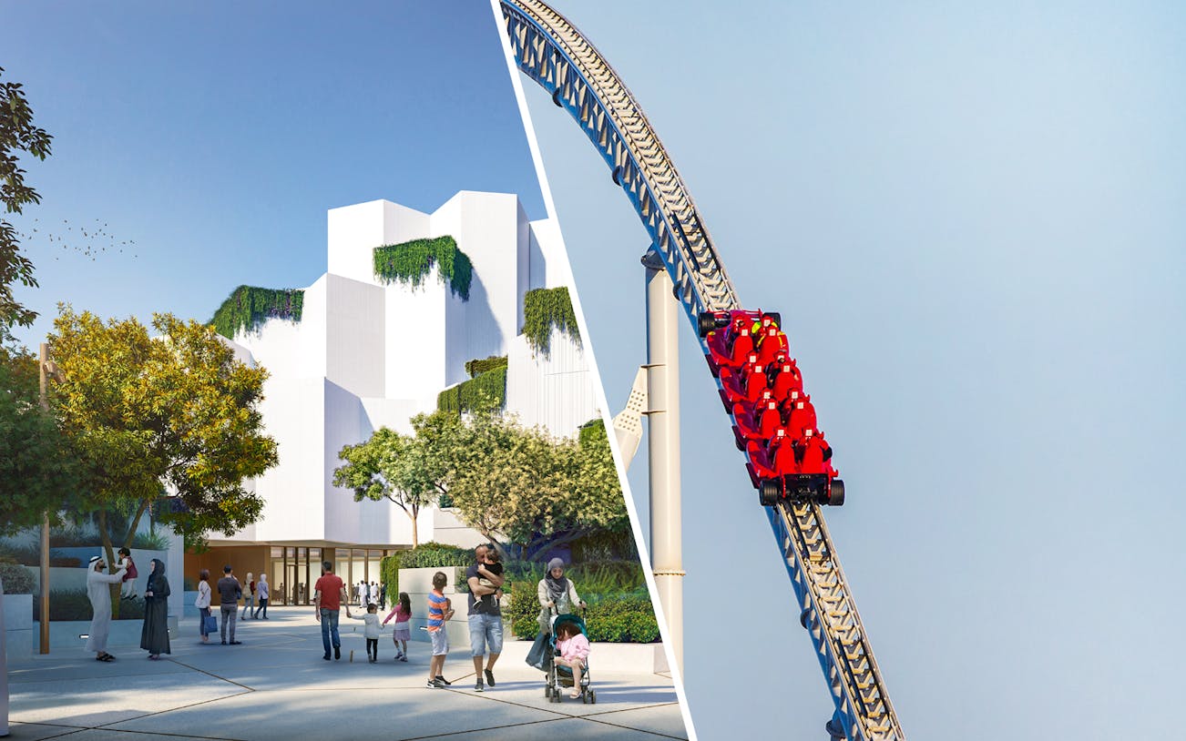 National History Museum Abu Dhabi exterior with visitors and roller coaster.