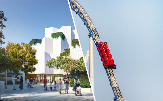 National History Museum Abu Dhabi exterior with visitors and roller coaster.