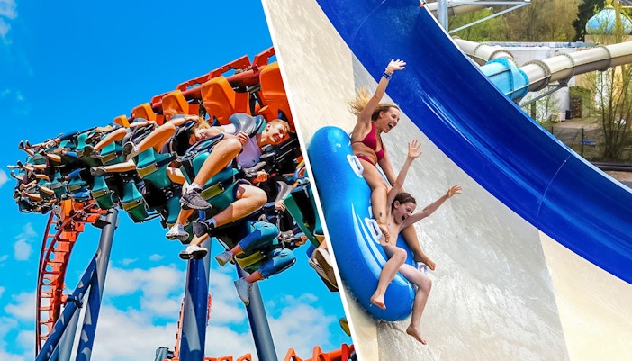 Roller coaster at Walibi Belgium with water slides from Aqualibi Belgium in the background.