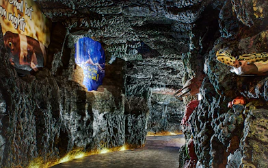 Underground marine-themed exhibit at Bali Safari with colorful rock formations and sea creature displays.