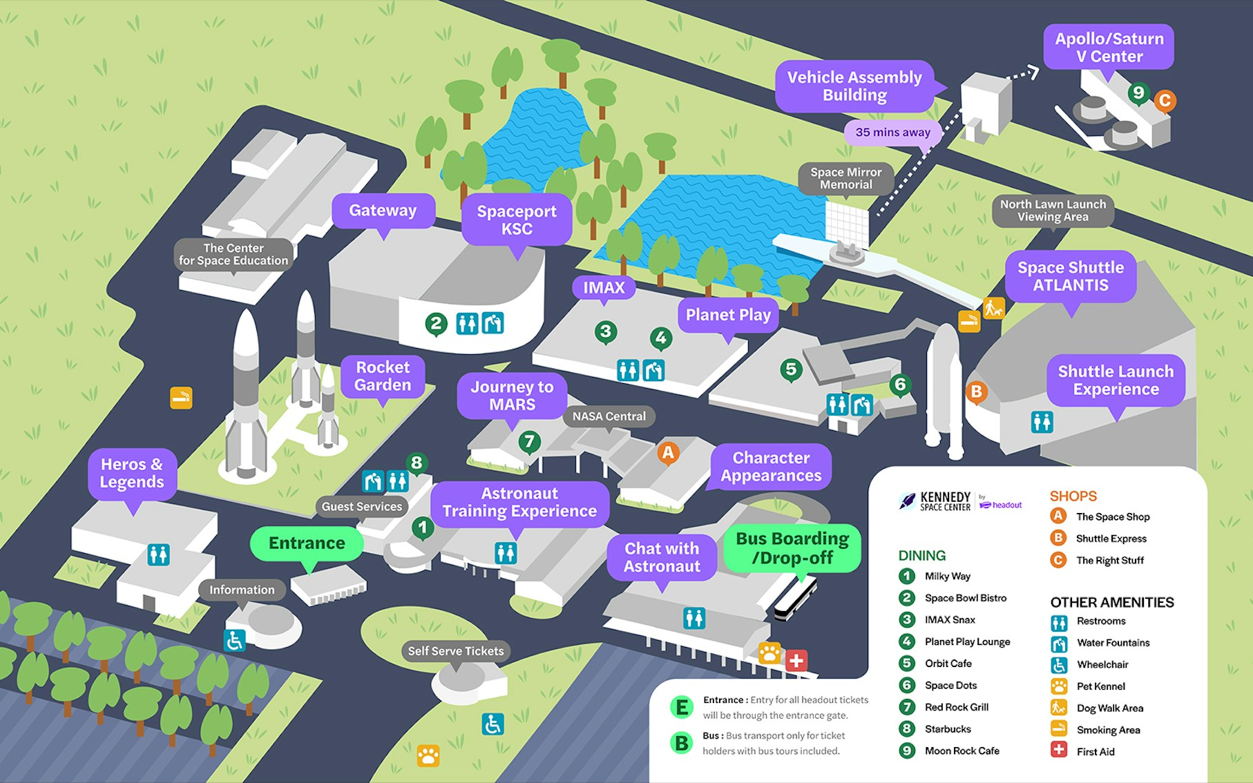 Kennedy Space Center visitor map highlighting attractions and tour routes, Cape Canaveral, Florida.
