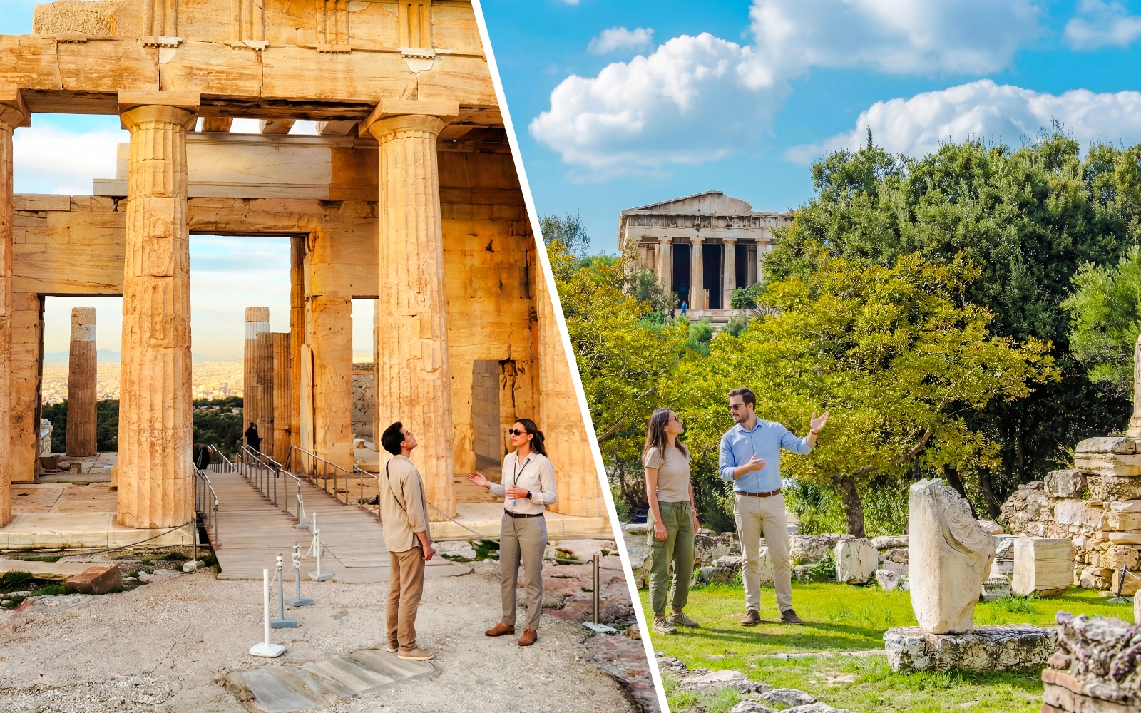 Temple of Athena Nike and Propylaea entrance ruins at Acropolis, Athens with visitors exploring.