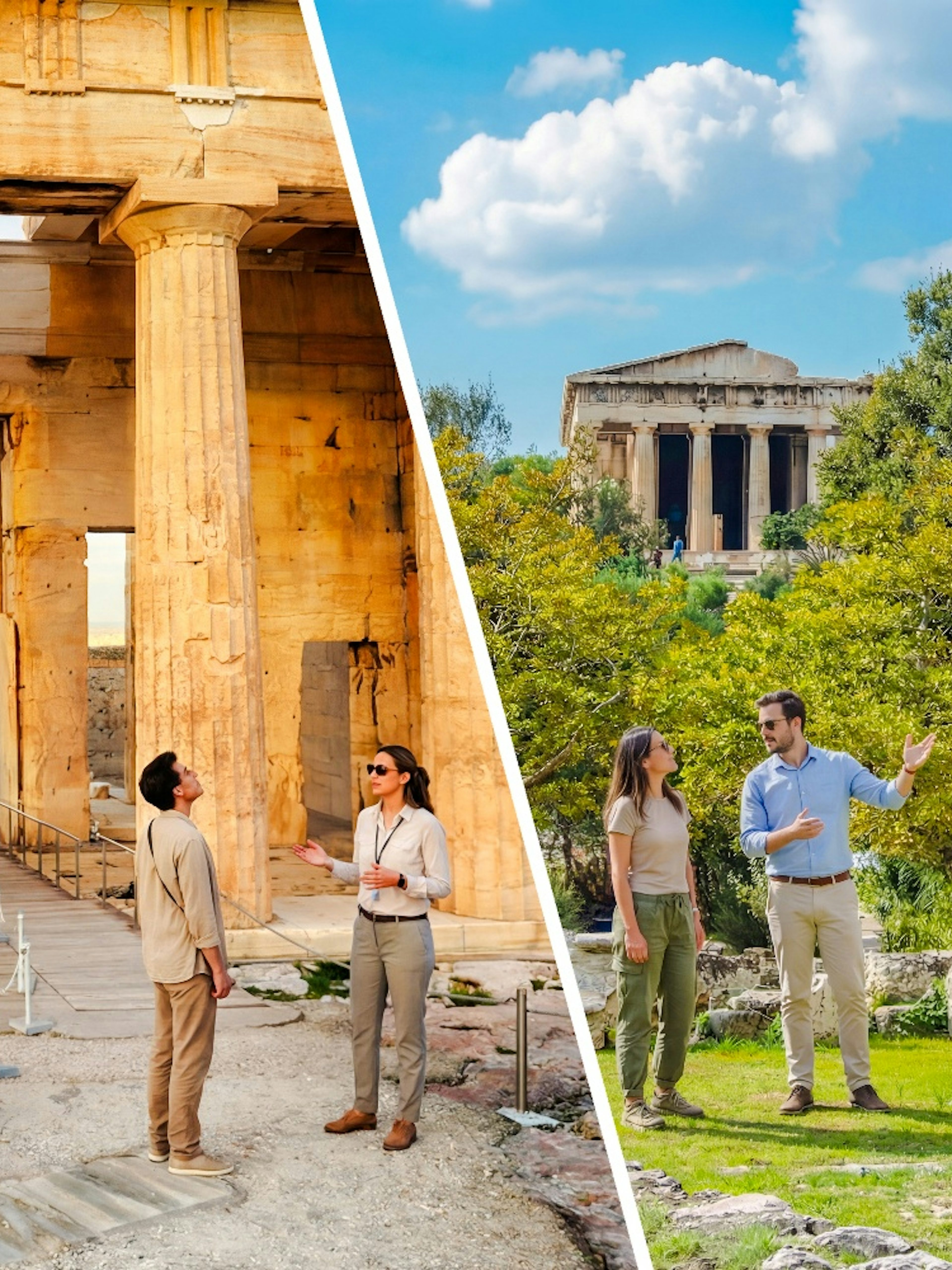 Temple of Athena Nike and Propylaea entrance ruins at Acropolis, Athens with visitors exploring.