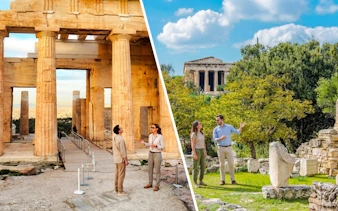 Temple of Athena Nike and Propylaea entrance ruins at Acropolis, Athens with visitors exploring.