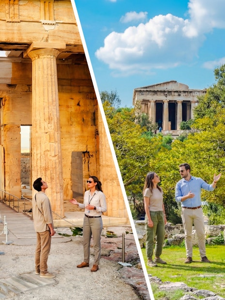 Temple of Athena Nike and Propylaea entrance ruins at Acropolis, Athens with visitors exploring.