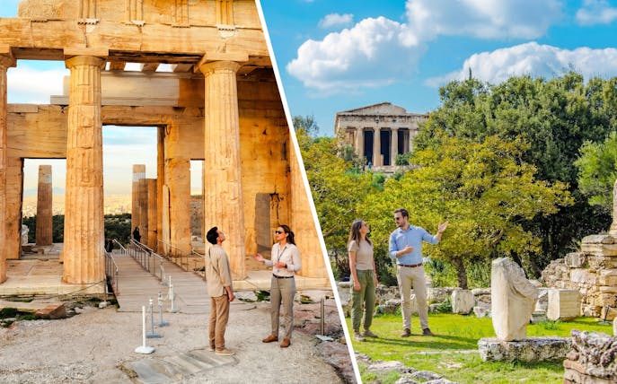 Temple of Athena Nike and Propylaea entrance ruins at Acropolis, Athens with visitors exploring.