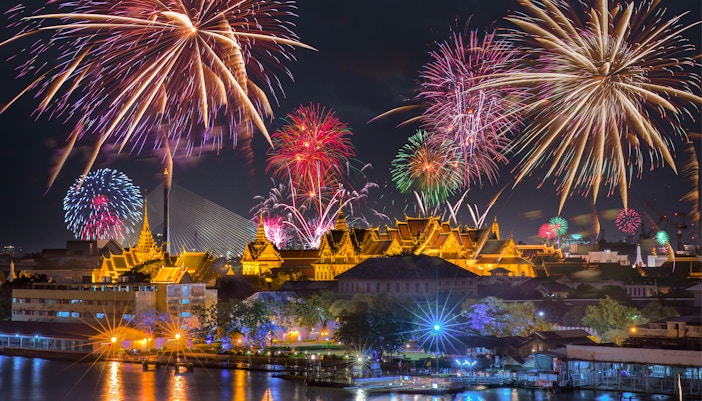 Fireworks over Bangkok's Grand Palace at night, highlighting Promotion Group Saver Pack.