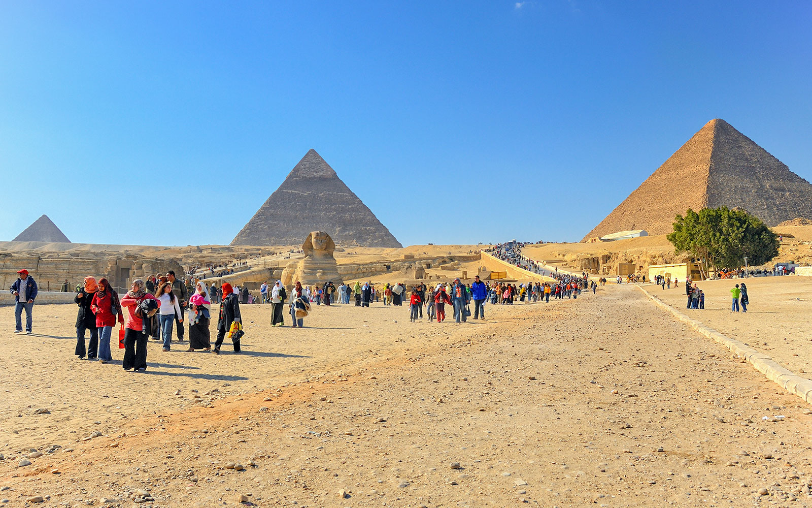 Visitors walking near the Pyramids of Giza and the Sphinx in Egypt.