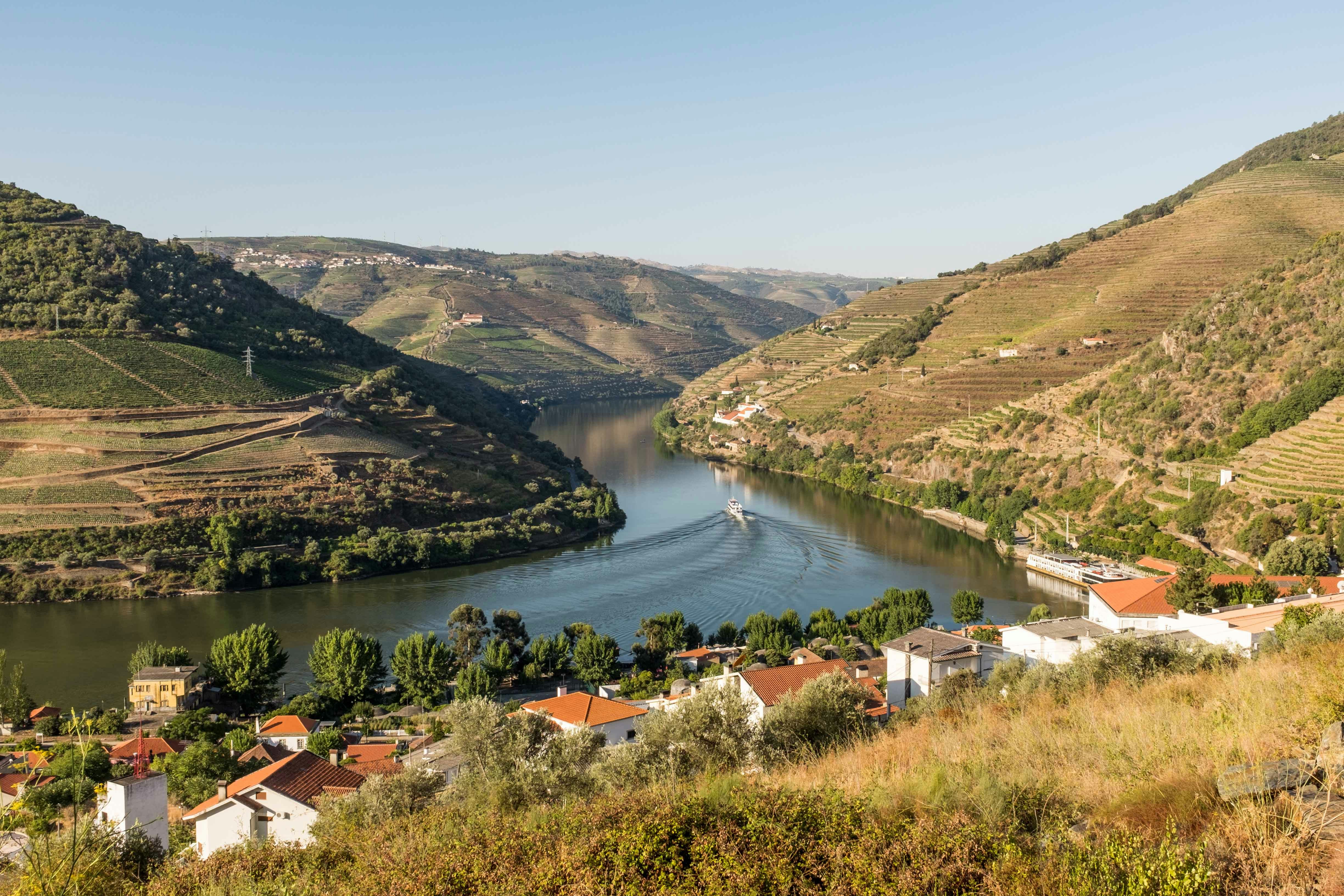 Vineyards and river in Douro Valley, Portugal, with a boat cruising through the scenic landscape.