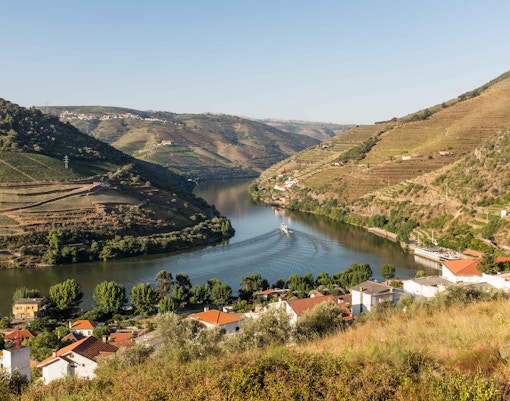 Vineyards and river in Douro Valley, Portugal, with a boat cruising through the scenic landscape.