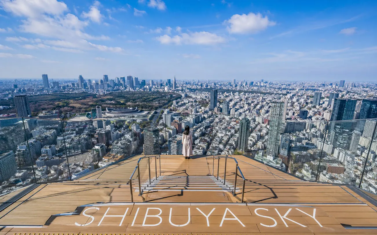 View from Shibuya Sky observation deck overlooking Tokyo skyline.