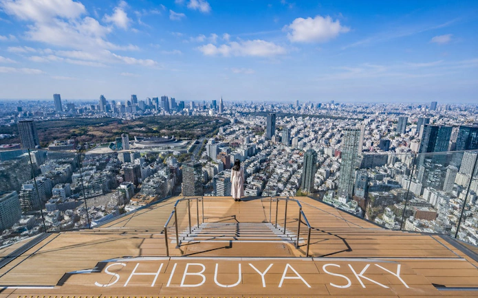 View from Shibuya Sky observation deck overlooking Tokyo skyline.