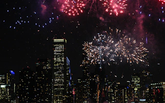 Fireworks over Chicago skyline during dinner cruise.