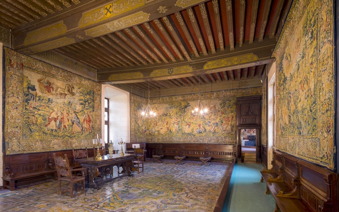 Domaine du Chaumont-sur-Loire Castle interior with ornate tapestries, Loire Valley.