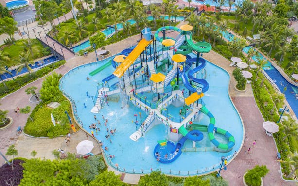 Aerial view of water park slides and pools at Sun World Halong, Vietnam.