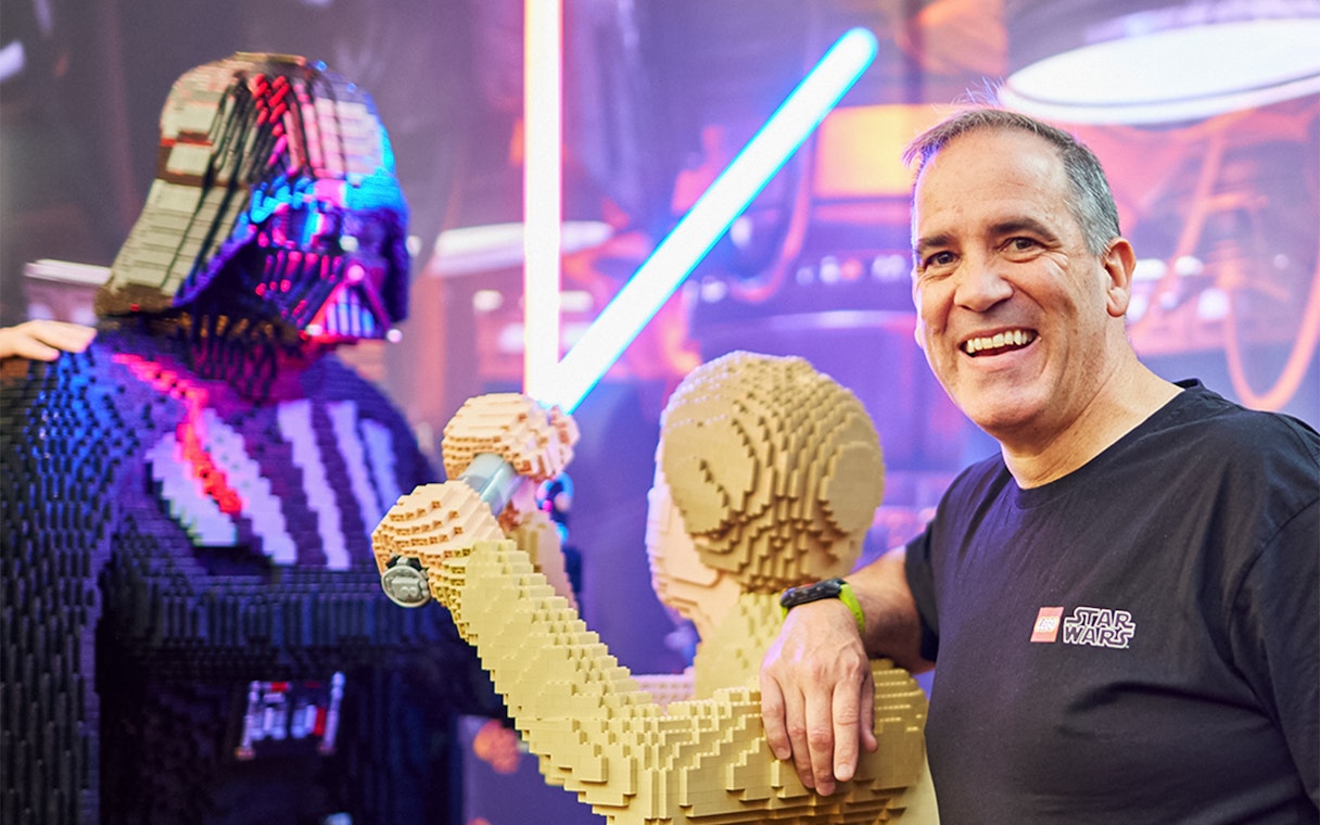 LEGO Star Wars exhibition with life-sized Darth Vader and Luke Skywalker figures.