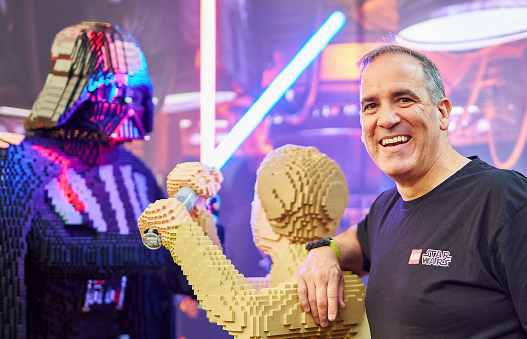 LEGO Star Wars exhibition with life-sized Darth Vader and Luke Skywalker figures.