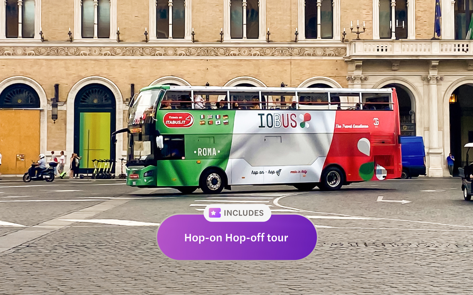 Hop-on hop-off tour bus in Rome city center.