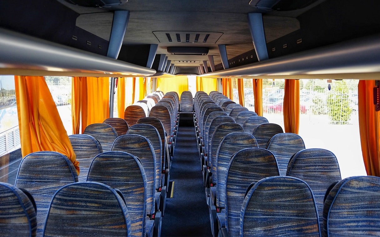 Interior of a bus for one-way tickets from Prague Airport to Prague City Center.