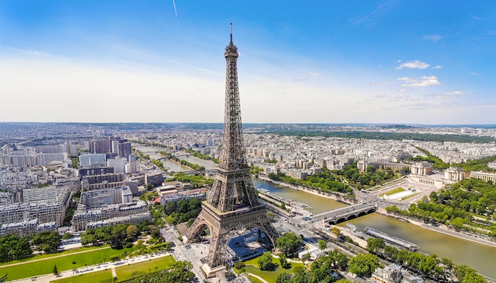 Aerial view of the Eiffel Tower and Seine River in Paris, France.