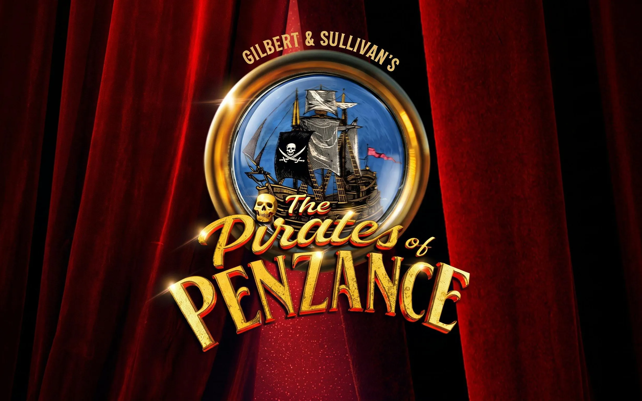 The Pirates of Penzance" logo with pirate ship and red curtains, Sydney.