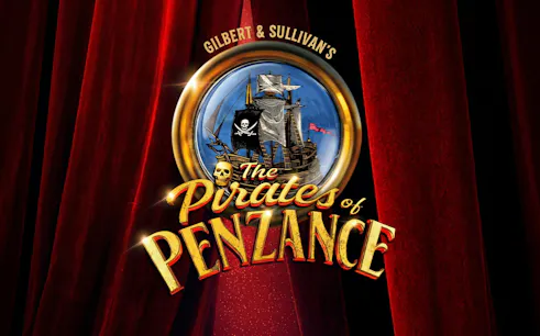 The Pirates of Penzance" logo with pirate ship and red curtains, Sydney.