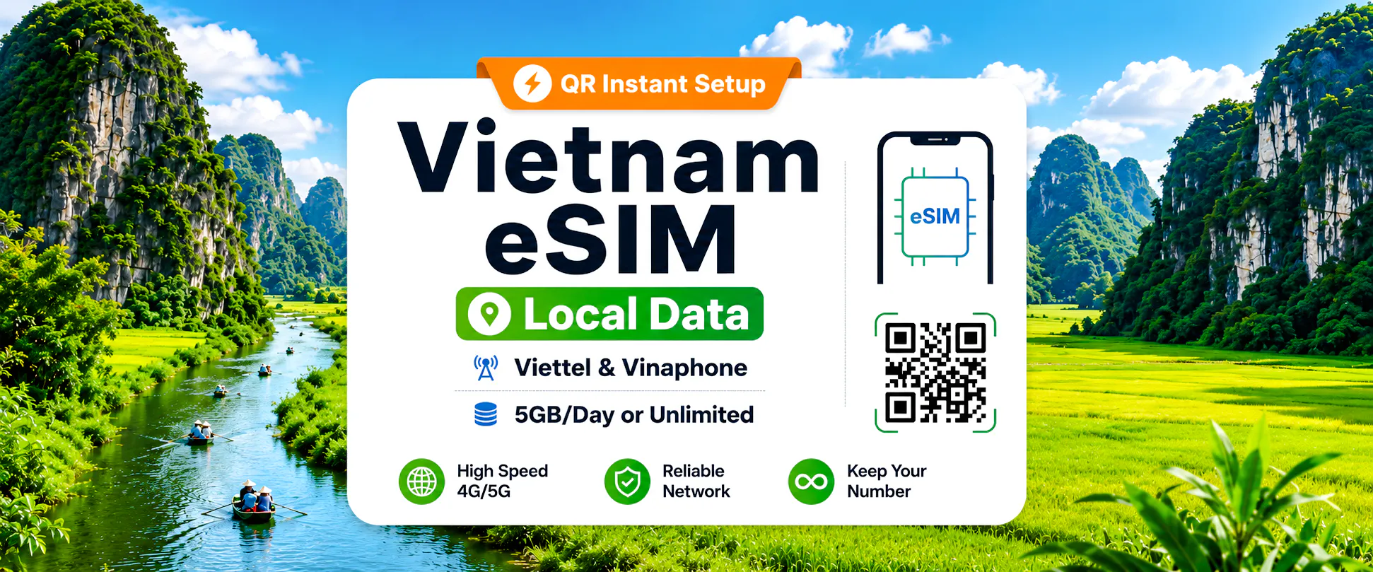 Vietnam eSIM promotion with scenic river and limestone mountains in Hanoi, offering 5GB data per day.