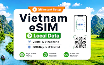 Vietnam eSIM promotion with scenic river and limestone mountains in Hanoi, offering 5GB data per day.