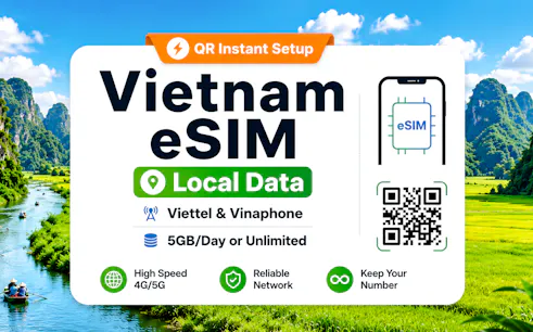 Vietnam eSIM promotion with scenic river and limestone mountains in Hanoi, offering 5GB data per day.
