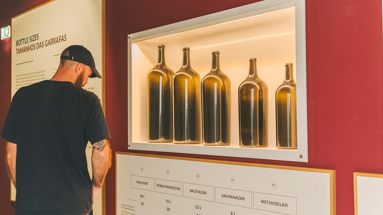 Man observing wine bottle display at The Wine Experience exhibit.