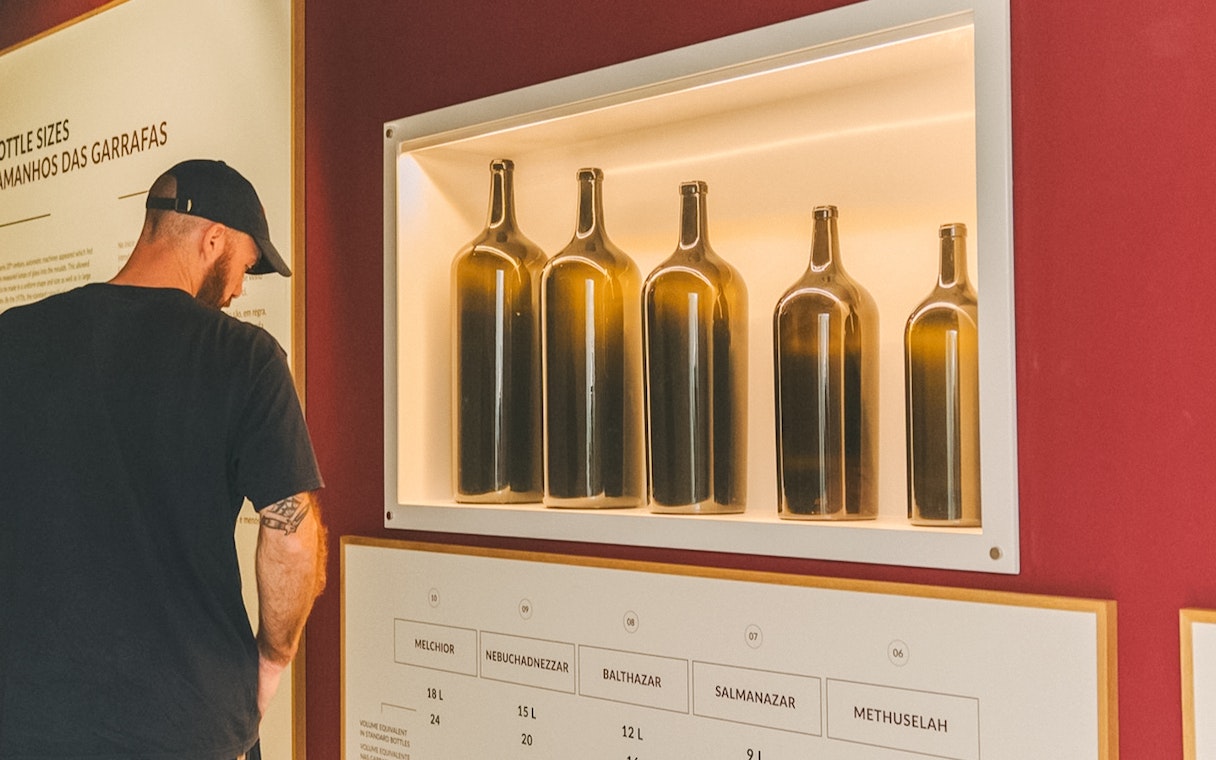 Man observing wine bottle display at The Wine Experience exhibit.
