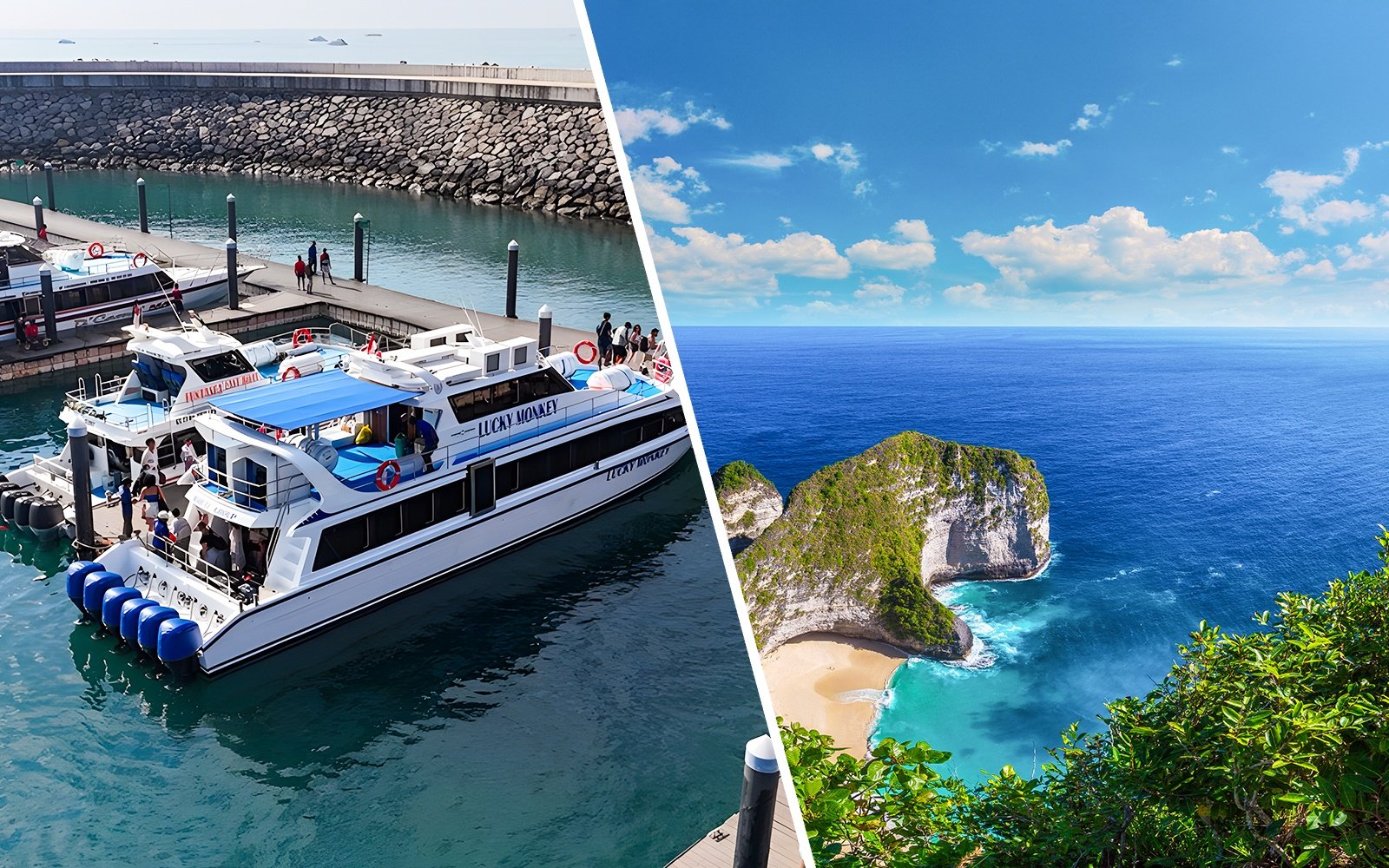 Fast boats docked at Bali harbor and scenic view of Nusa Penida coastline.