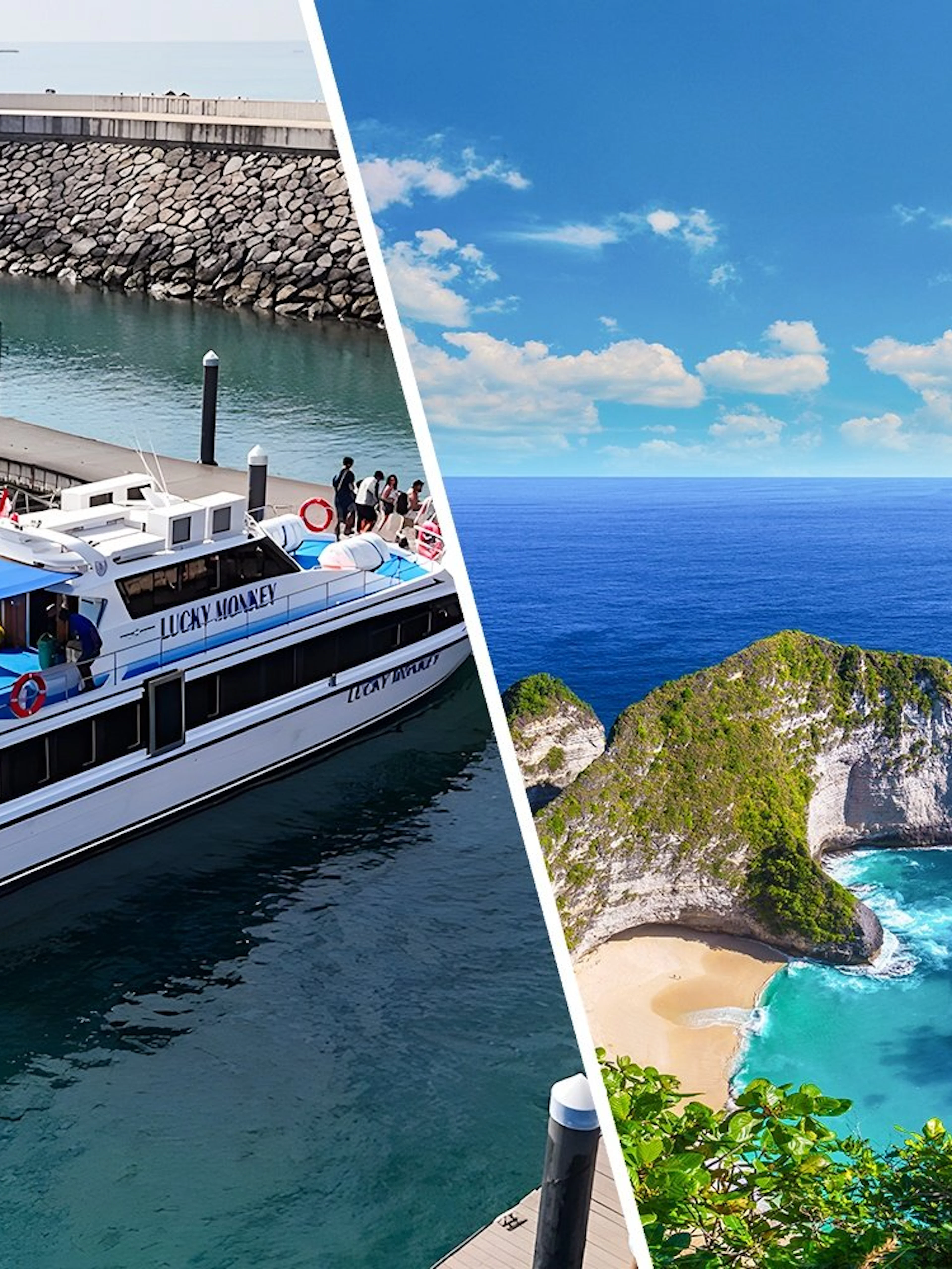 Fast boats docked at Bali harbor and scenic view of Nusa Penida coastline.