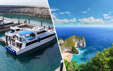 Fast boats docked at Bali harbor and scenic view of Nusa Penida coastline.