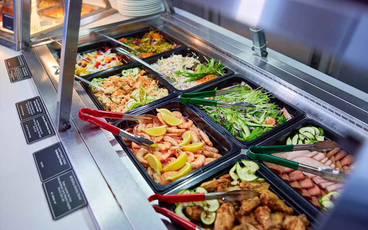 Buffet selection on Cairns to Green Island cruise with seafood and salads.