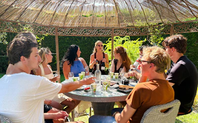 Wine tasting group under a pergola at a historic château in Nice.