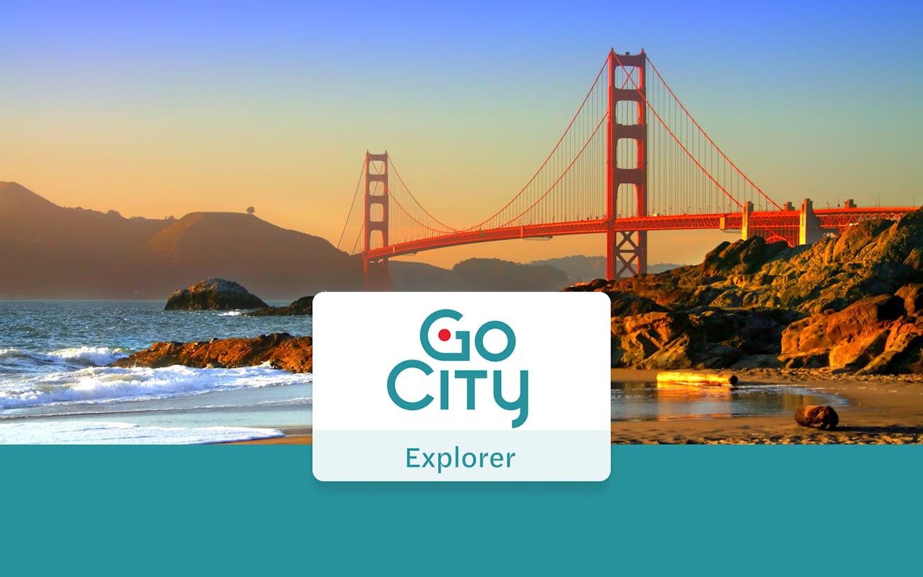 Golden Gate Bridge at sunset with Go City Explorer Pass logo.