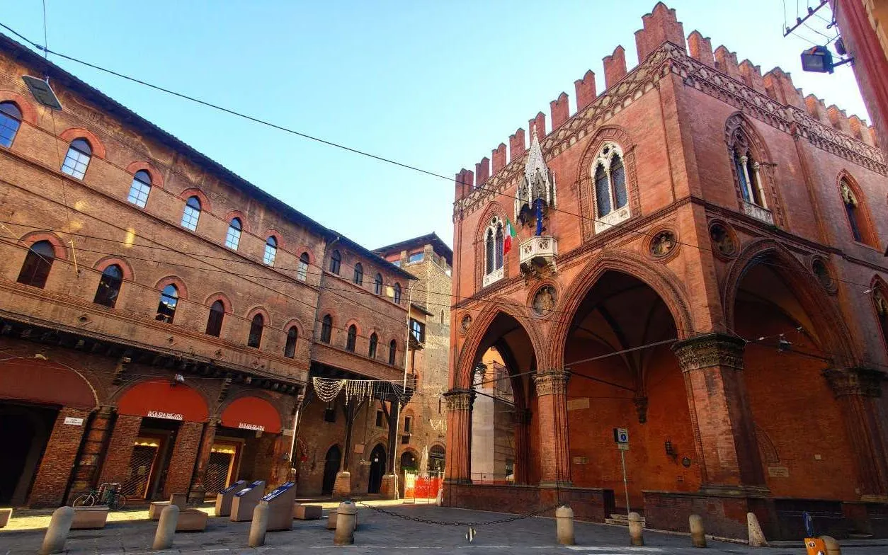 Bologna historic building in city square, part of self-guided murder mystery game.