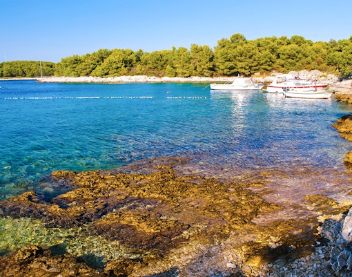 Rocky shoreline with boats in clear waters of Pakleni Islands, Croatia.