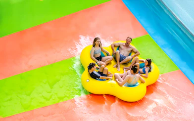 Group enjoying a raft ride at Aquatica Orlando water park.