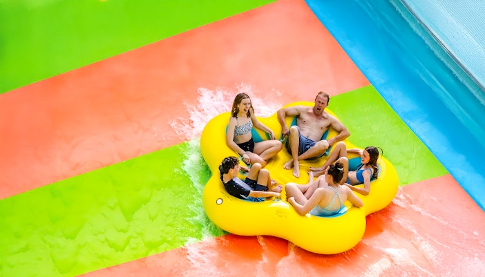 Group enjoying a raft ride at Aquatica Orlando water park.