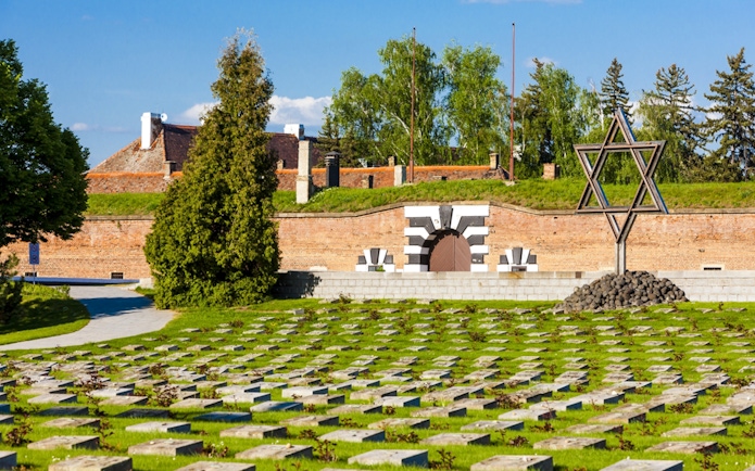 Terezin Concentration Camp memorial with Star of David and cemetery grounds.