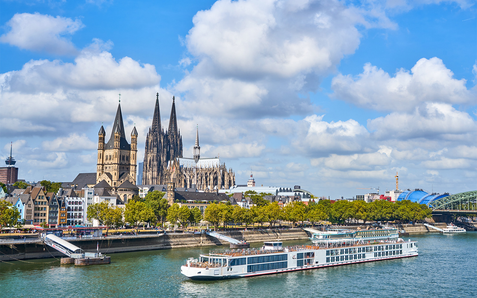 Cruise ship on the River Rhine with Cologne Cathedral in the background, Dusseldorf Cruises.