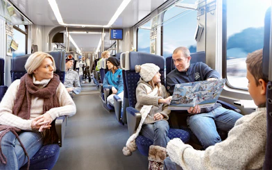 Family enjoying scenic train ride in Switzerland with Interrail pass.