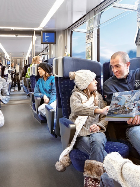 Family enjoying scenic train ride in Switzerland with Interrail pass.