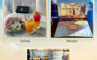 Drinks and flowers on a table at Lotte Hanoi Sky Chill 3, Dubai.