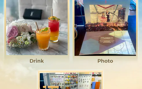 Drinks and flowers on a table at Lotte Hanoi Sky Chill 3, Dubai.