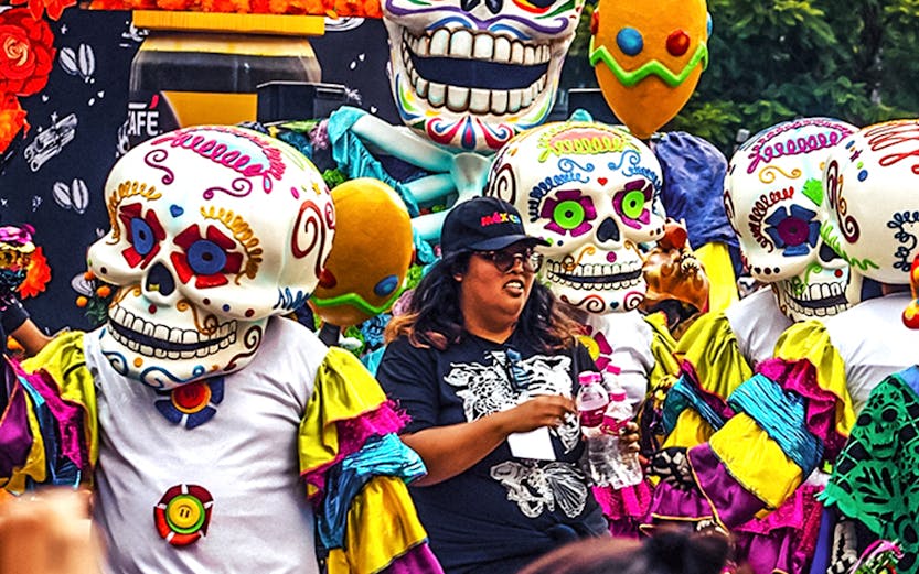 Colorful Day of the Dead parade with people in skull costumes, Mexico.